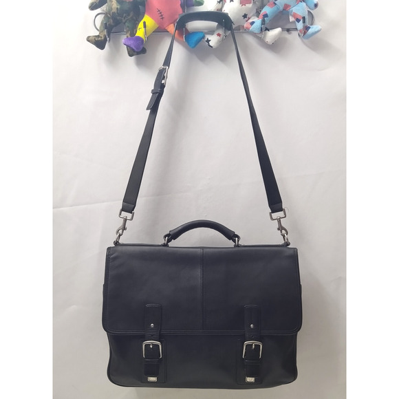 Coach Black Leather Double Pushlock Briefcase Laptop Business Crossbody Bag - Picture 1 of 16